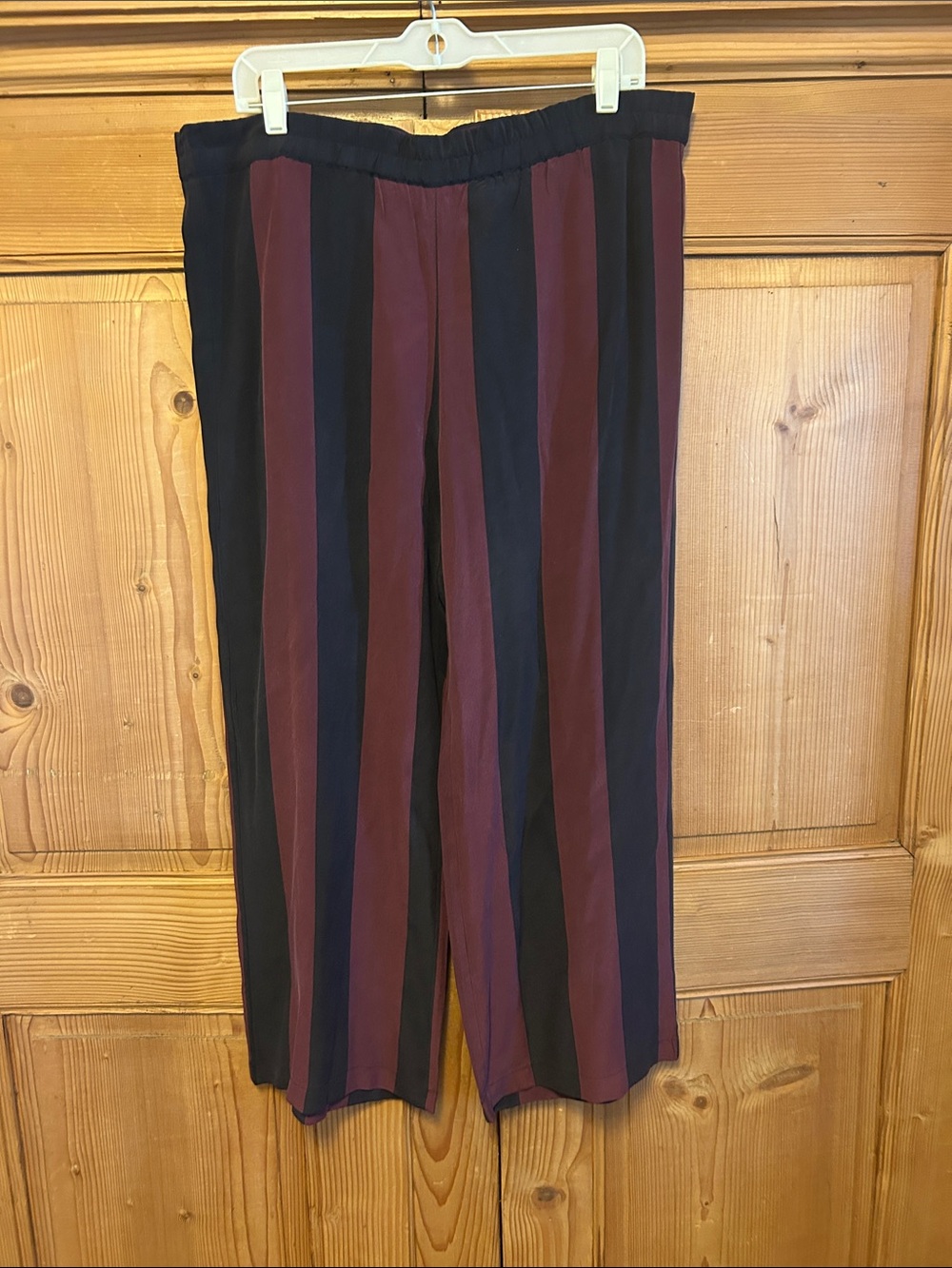 Ganni Wide-Leg Silk Striped Pants in Black and Burgundy